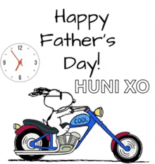 a cartoon of snoopy riding a motorcycle says happy father 's day