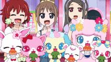 a group of anime characters are posing for a picture and one of them is wearing a flower crown