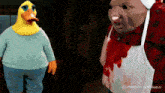 a duck and a pig are standing next to each other and the duck has a blue shirt on