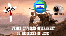 a painting of two men carrying a globe with jerusalem on it