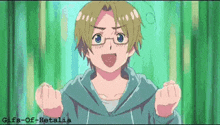 a boy with glasses and a blue hoodie is making a funny face .