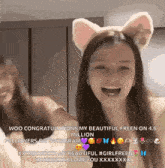 a girl wearing a cat ear headband says congratulations on her beautiful freen on 4.8 million followers on instagram