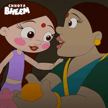 a poster for chhota bheem shows a woman holding an orange