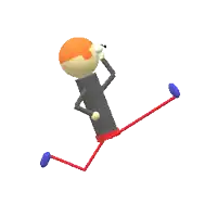 a stick figure with red hair and blue feet is flying through the air
