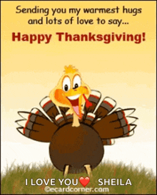 a happy thanksgiving card with a turkey and the words sending you my warmest hugs and lots of love to say happy thanksgiving