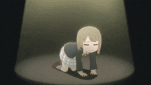 a cartoon girl is kneeling down in a dark room with her eyes closed