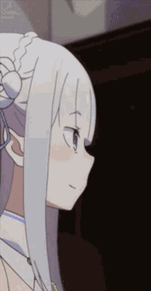 a close up of a girl with white hair and a flower in her hair