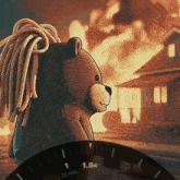 a teddy bear with dreadlocks is standing in front of a fire