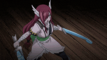 a girl with red hair and wings is holding a blue sword
