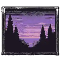 a pixel art painting of a forest with trees in the foreground and a purple sky in the background