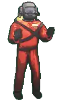 a pixel art drawing of a man in a red suit and helmet