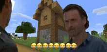 two men are laughing in front of a wooden house in minecraft