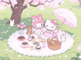 a pixel art of hello kitty and my melody having a picnic under a cherry blossom tree