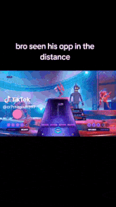 a video game with a robot playing a guitar and the words " bro seen his opp in the distance "