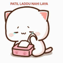 a cartoon cat is crying and holding a pink box of tissues