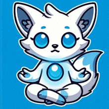 a cartoon drawing of a white cat with blue eyes sitting in a lotus position