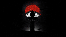 a silhouette of a man with a sword in front of a red and white symbol