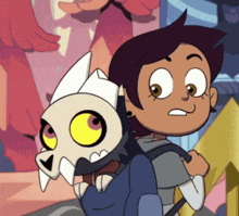 a cartoon character with a skull on her back is carrying a backpack