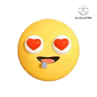 a yellow smiley face with heart shaped eyes and a tear coming out of its mouth