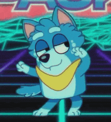 a blue and white cartoon dog wearing a yellow bandana is dancing .
