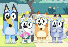 a cartoon of four dogs wearing flower crowns with the name mr_monkeyray on the bottom right