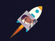 a picture of a man on a rocket with the letter d on it