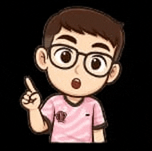 a boy wearing glasses and a pink shirt is pointing up with his finger .