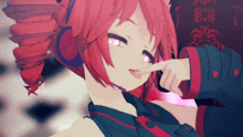 a girl with red hair is sticking her tongue out and wearing headphones