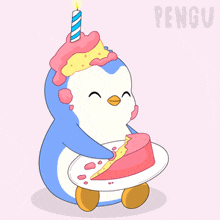 a penguin with a birthday cake on top of it