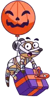 a cartoon drawing of a mummy holding a pumpkin shaped balloon