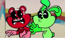 a cartoon of a red bear and a green rabbit with horns .