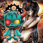 a cartoon character with horns and a baby bottle with the letter s on his eyes