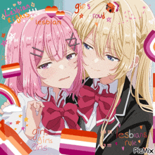 a picture of two anime girls with the words lesbian rights proud on the bottom