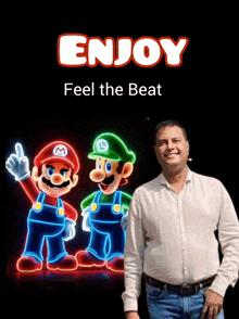 a man stands in front of a neon mario and luigi sign