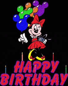 a cartoon of minnie mouse holding balloons and the words " happy birthday "