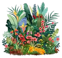 a bunch of colorful flowers and leaves on a white surface