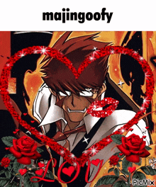 a picture of a man with a heart around his neck and the words majingoofy