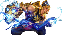 a man in a blue and gold costume is holding a statue of a dragon