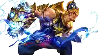 a man in a blue and gold costume is holding a statue of a dragon