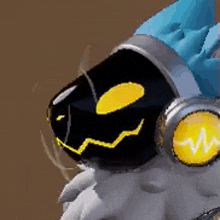 a close up of a cartoon character with yellow eyes and a blue hat .