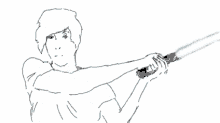 a black and white drawing of a man holding a light saber .