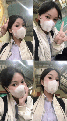 a girl wearing a white face mask with the letter n on it