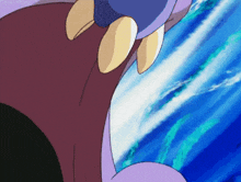 a close up of a cartoon character 's mouth and teeth against a blue background