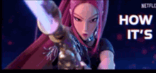 a cartoon girl with pink hair is holding a sword in her hand .