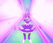 a girl in a purple dress is standing in front of a purple background