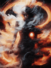a naked woman is surrounded by fire and smoke and has a red eye