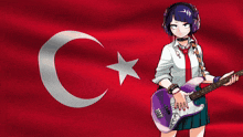 a girl wearing headphones is holding a guitar in front of a flag