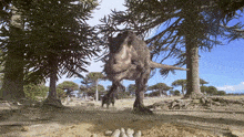 a t-rex is walking through a forest with trees behind it