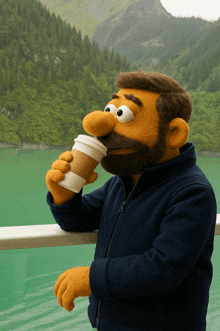 a stuffed animal with a beard drinking from a cup