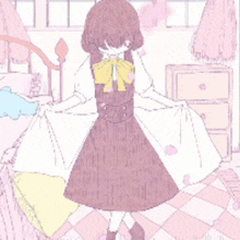 a drawing of a girl in a pink dress with a bow